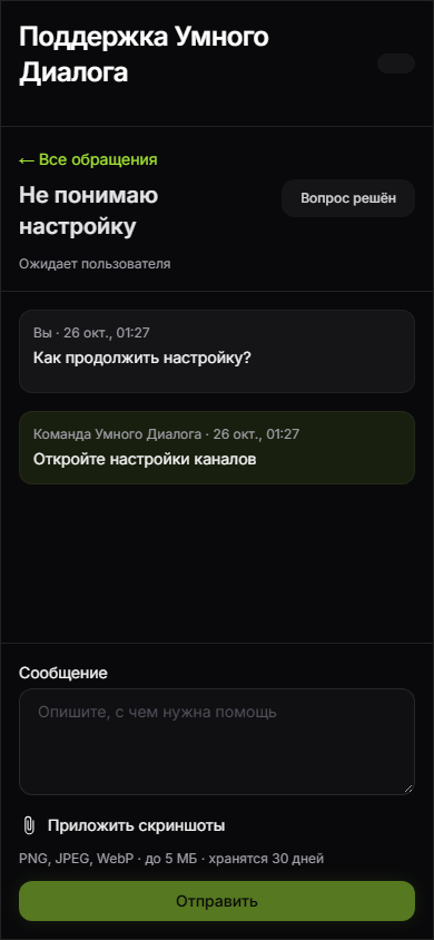 Личная переписка с поддержкой на телефоне. Пример с вымышленными данными